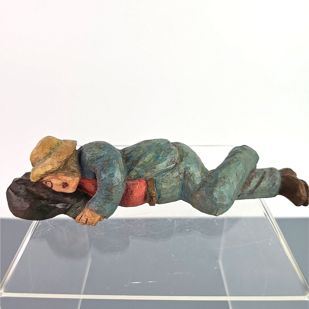 Vintage hand-carved Wooden Hobo Sleeping with Bindle Americana Folk Art 7.5 inch